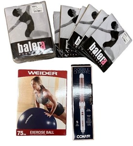 lot 117 image: Lot of Balera Dancewear Tights, Weider Exercise Ball, and Conair Double Ceramic Curling Iron