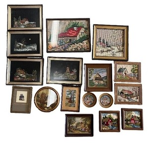 lot 128 image: Collection of 16 Framed Vintage Needlepoint Landscape Artworks