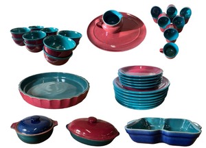 lot 7 image: Colorful Ceramic Dinnerware Set with Lids, Bowls, Plates, and Serving Pieces