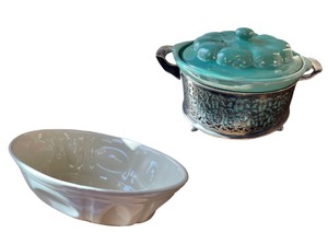lot 122 image: Pottery Covered Casserole Dish with Ornate Metal Stand and Haeger White Dish