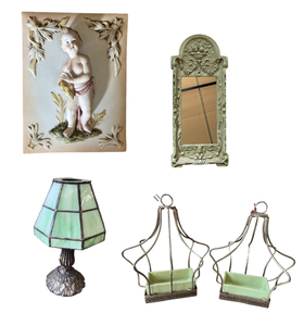 lot 124 image: Decorative Home Decor Collection Porcelain Plaque, Stained Glass Accent Lamp, Ornate Mirror, and Metal Frame Planters
