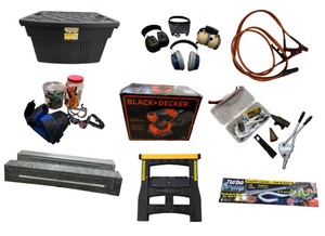 lot 114 image: Tool and Hardware Lot with BlackDecker Sander, Adjustable Sawhorses, Turbo Pump, and Protective Gear