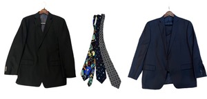 lot 150 image: 3 Piece Michael Kors Navy Suit, Black Sports Coat & Neck Ties