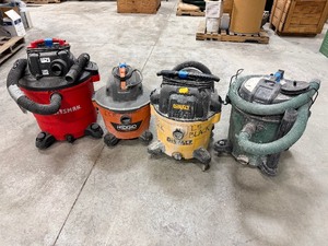 lot 225 image: (4) Wetdry vacs DeWalt10-gallon, Craftsman 20-Gal corded Ridgid 9-gal MasterForce 12-gal