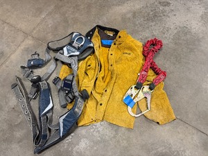 lot 327 image: Hobart Welding Jacket, Diamond Single-Leg Shock Absorbing 6 Lanyard, and Exofit Safety Harness