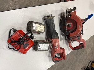 lot 341 image: 2 Hilti saws SC 60W-A36 circular saw & SR 6-A22 reciprocating saw with 2 batteries & C436-90 charger