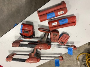 lot 344 image: (2) Hilti HDE 500-A18 cordless adhesive dispenser, (2)HIT CR-500 Powder cartridge Holders, batteries