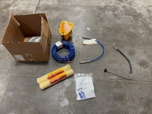 lot 399 image: Graco Blue Max Sprayer Hoses, Purdy paint rollers, Graco spray tip, Pressure washer fitting, black grease gun hose, paint spray hose.