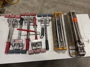 lot 383 image: (2) tile cutters, Crain 333 Wall Roller, (3) Roberts Vinyl Rollers. Gundlach laminate roller, Vinyl Seam roller
