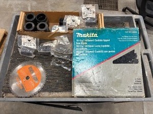 lot 565 image: Several Mining Auger parts  spring buster, Retainer Makita 16 516 saw blades A90956 Evolution RAGE253 blade