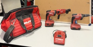 lot 529 image: (2) Hilti SD 4500-A18 Cordless drywall screw gun, (1) Hilti SMD 50 Screw magazine attachment w battery & charger
