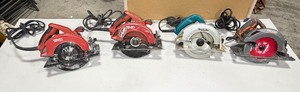 lot 568 image: Circular saws (2) Hilti WSC 7.25-S corded, (1) Makita 7 14 5007F. (1) Ridgid R3205VN 7 14
