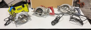 lot 591 image: (2) Skilsaw Corded Worm Drive Saws, Ryobi 7  Circular Saw with bag CSB144LZ
