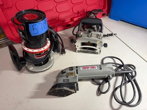 lot 571 image: Porter Cable Profile Sander 444, Porter Cable 557 plate joiner, Sears Craftsman 1 114 HP Router