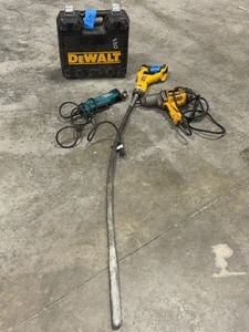 lot 589 image: DeWalt corded 12 impact wrench, Makita 38 Right-Angle Drill, DeWalt Cordless pencil vibrator
