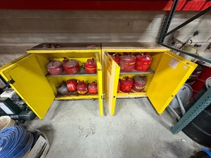lot 610 image: (2) Uline Flammable Liquid Storage Cabinets H 65 x L 43 x D 18, Eagle steel safety cans