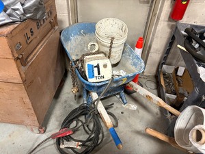 lot 611 image: Coffing 1 ton winch JLC2016, 10 foot of lift, hook and control pendant. Wheel barrow