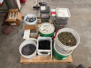 lot 627 image: Pallets of hardware several containers of Bright 8D 2 14 Dulles Nails, Magnum Pro pole barn nails