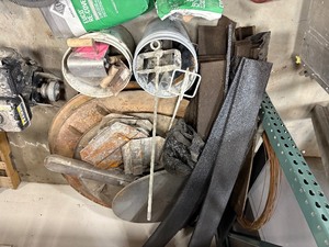 lot 445 image: Concrete floats, broom heads, anchor rods, trowels, turnbuckles, form wedges, threaded rods