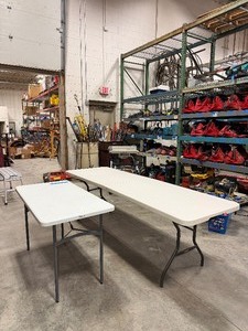 lot 668 image: (1) Lifetime 8 fold-in-half table, (2) Cocso 8 fold-in-half, (1) 4 Straight White PDG folding table.