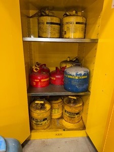 lot 603 image: JustRite 60 Gallon Flammable Liquid Storage Cabinets, Eagle and JustRite steel safety cans