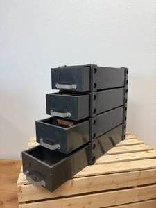 lot 1 image: Vintage metal snap-on stacked storage with four drawers