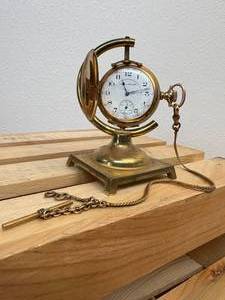 lot 12 image: Working Hampden railroad pocket watch with engraved cabin motif