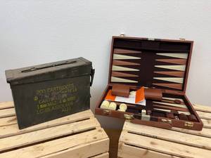 lot 21 image: Miscellaneous lot of backgammon game and metal military ammo storage