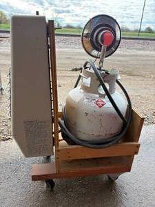 lot 25 image: Homemade portable heating unit contains propane tank, Mr. sunny and attached furnace