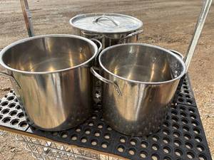 lot 30 image: 3 stainless steel stock pots with one lid