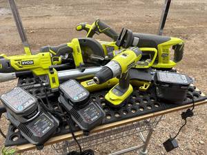 lot 44 image: 18 V lithium Ryobi lot 4 Batteries, 3 Chargers and 7 Tools (Drill, Branch Trimmer, Greaser, Circular Saw, Precipitating Saw, Weed Wacker