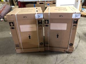 lot 4 image: Lot of Hampton Bay 24 in. W x 24 in. D x 34.5 in. H Assembled Drawer Base Kitchen Cabinet in Unfinished with Recessed Panel Customer Returns See Pictures