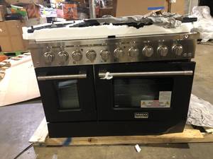lot 40 image: MUELLER 48 in. 6.7 cu. ft. Freestanding Double Oven Gas Range with 8 Burners and Griddle in Stainless Steel Damaged   Customer Returns See Pictures