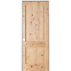 lot 18 image: Krosswood Doors 32 in. x 96 in. Rustic 2-Panel Arch Top Right-Hand Unfinished Knotty Alder Wood Single Prehung Interior Door Customer Returns See Pictures
