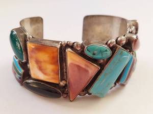 lot 7N image: Artisan Sterling Silver Cuff Bracelet with Inlaid Stones, Signed by Garcia