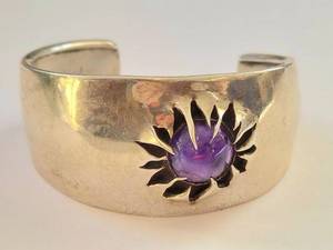 lot 8N image: Sterling Silver Cuff Bracelet with Amethyst or Charoite by Niamh Mahuna