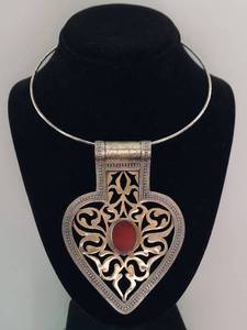 Huge Turkmen Silver Gilt Heart Pendant Necklace with Carnelian Stone