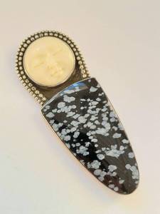 lot 28N image: Sterling Silver Snowflake Obsidian & Bone BroochPendant Signed DL