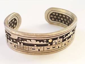lot 30N image: Sterling Silver Navajo Cuff Bracelet with 14K Gold Accents - Intricate Design