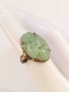 lot 34N image: Vintage Sterling Silver Jade Ring with Intricate Carving Size 5