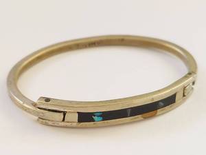 lot 35N image: Sterling Silver Onyx & Abalone Inlay Bracelet Mexico 925