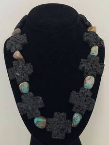lot 48N image: Turquoise & Lava Rock Necklace with Sterling Silver Clasp - 21.5 Inches Long
