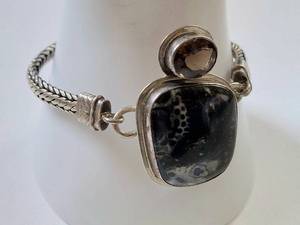 lot 50N image: Sterling Silver Snowflake Obsidian & Smoky Quartz Bracelet Signed 8
