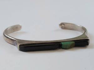 lot 62N image: Sterling Silver Cuff Bracelet with Onyx and Turquoise - Unmarked
