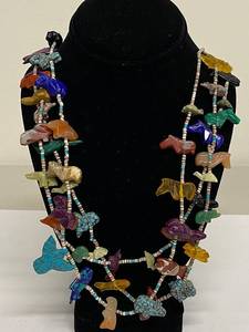 lot 113N image: Sterling Silver Multi-Stone Fetish Necklace with Turquoise, Malachite, Lapis, Quartz - 26 Inches