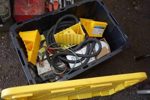 lot 279 image: Bin with Wheel Chocks, Water Separator, Ryobi Hand Vacuum