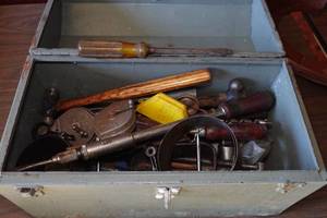 lot 359 image: Tool Box with Tools - Drivers, Wrenches, Chalk Lines