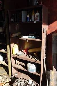 lot 379 image: Metal Shelf with Contents - Screw Jack, Fittings, Trimmer Line