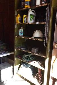 lot 378 image: Heavy Duty Metal Shelf with Contents - Automotive and Snowmobile Chemicals