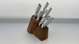 lot 38 image: -Cangshan White Handle 12-Piece Knife Block Set with Scissors and Sharpener - used condition